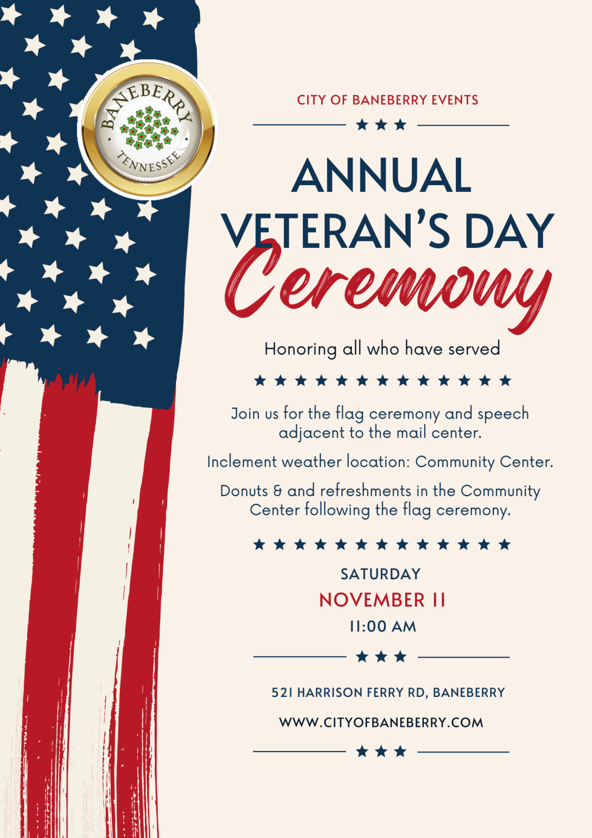 Veteran’s Day Ceremony: Nov 11 – Baneberry Tennessee Government